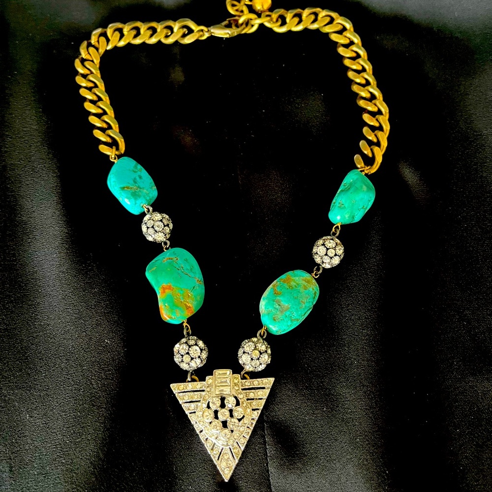 Unusual genuine turquoise and crystal necklace with important centerpiece.